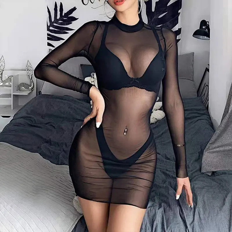 Sexy Women Lingerie Bra Gothic Mesh Black Long Sleeve Bodysuit Brief Underwear