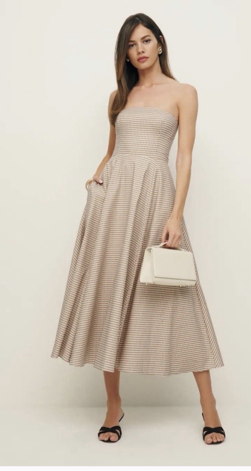 $278 NWT Reformation SZ 10 Strapless Astoria Dress Camel Ivory Anzo Check Tulle