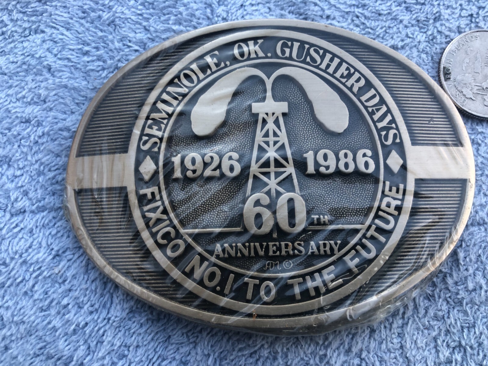 Vintage ADM Brass Seminole Gusher Days Fixico 60th Anniversary Oil Belt Buckle