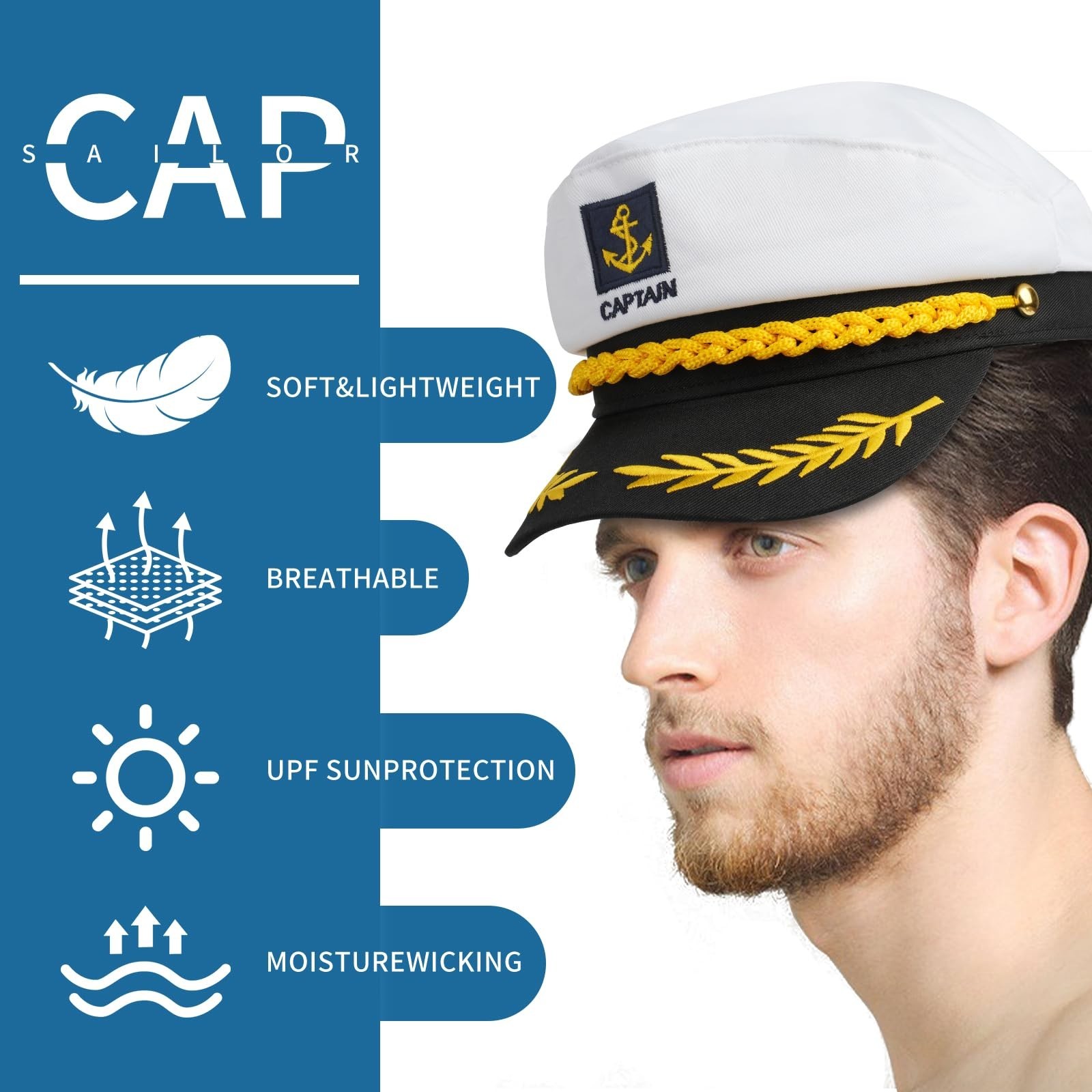 Yacht Sailor Hat, Navy Captain Cap, Adult Marine Admiral Costume 4 Pack White