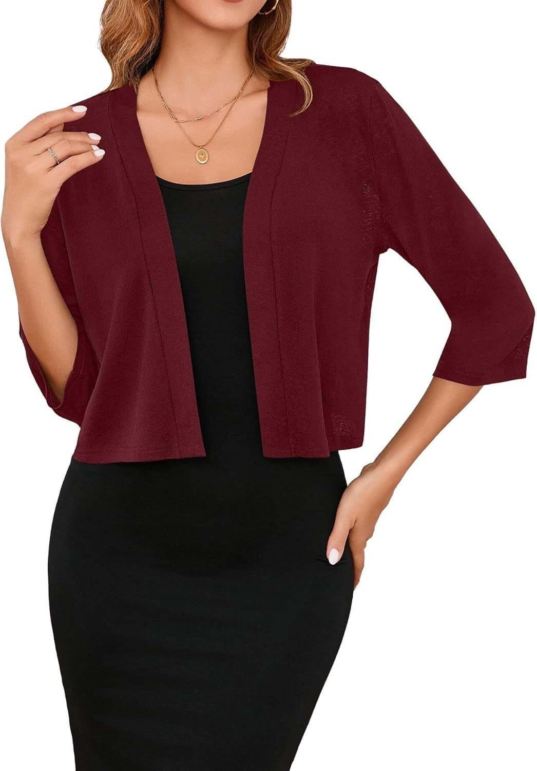 Women’s 3/4 Sleeve Lightweight Cropped Cardigan Open Front Shrug for Dresses