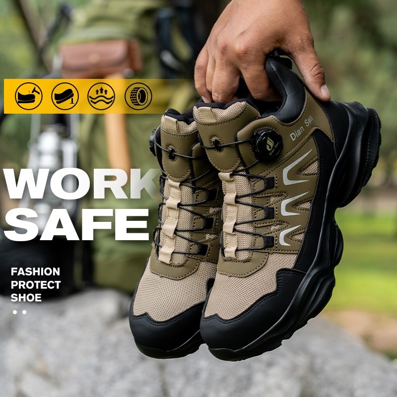 Men Safety Toe Work Shoes Rotating Buckle Breathable Non-Slip Steel Toe Sneakers