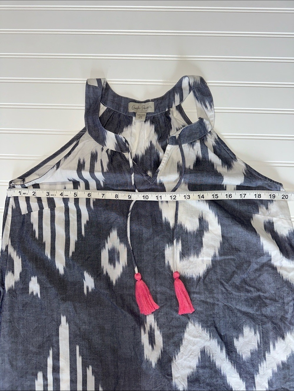 Charlie Paige Ikat Mini Dress Navy White Pink Tassel Tie Beach Cover-Up Medium
