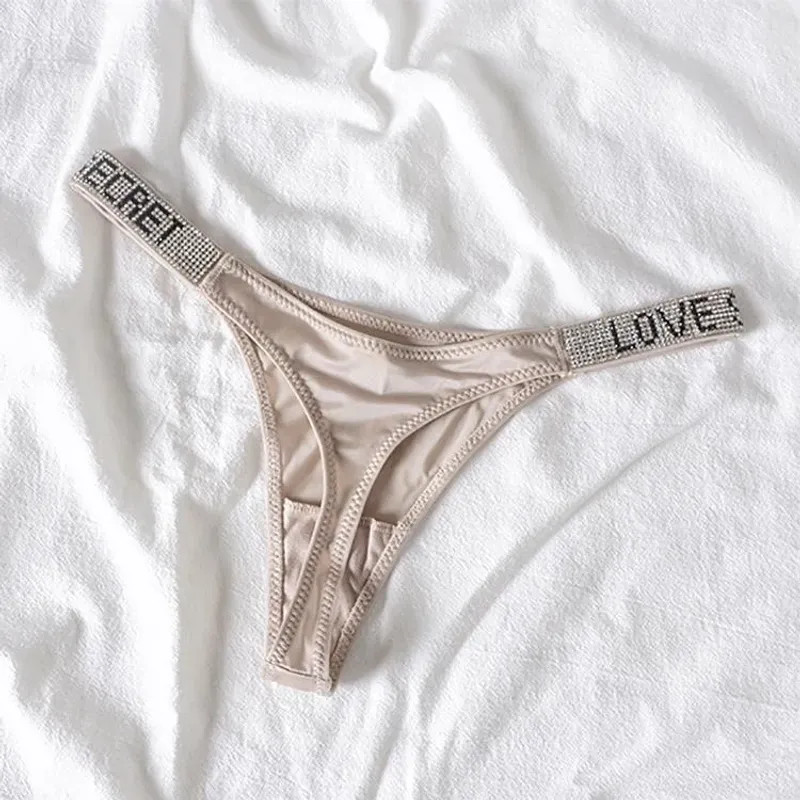 Low Waist Sexy Women Thongs Panties Rhinestones Letter Diamonds G String Sports