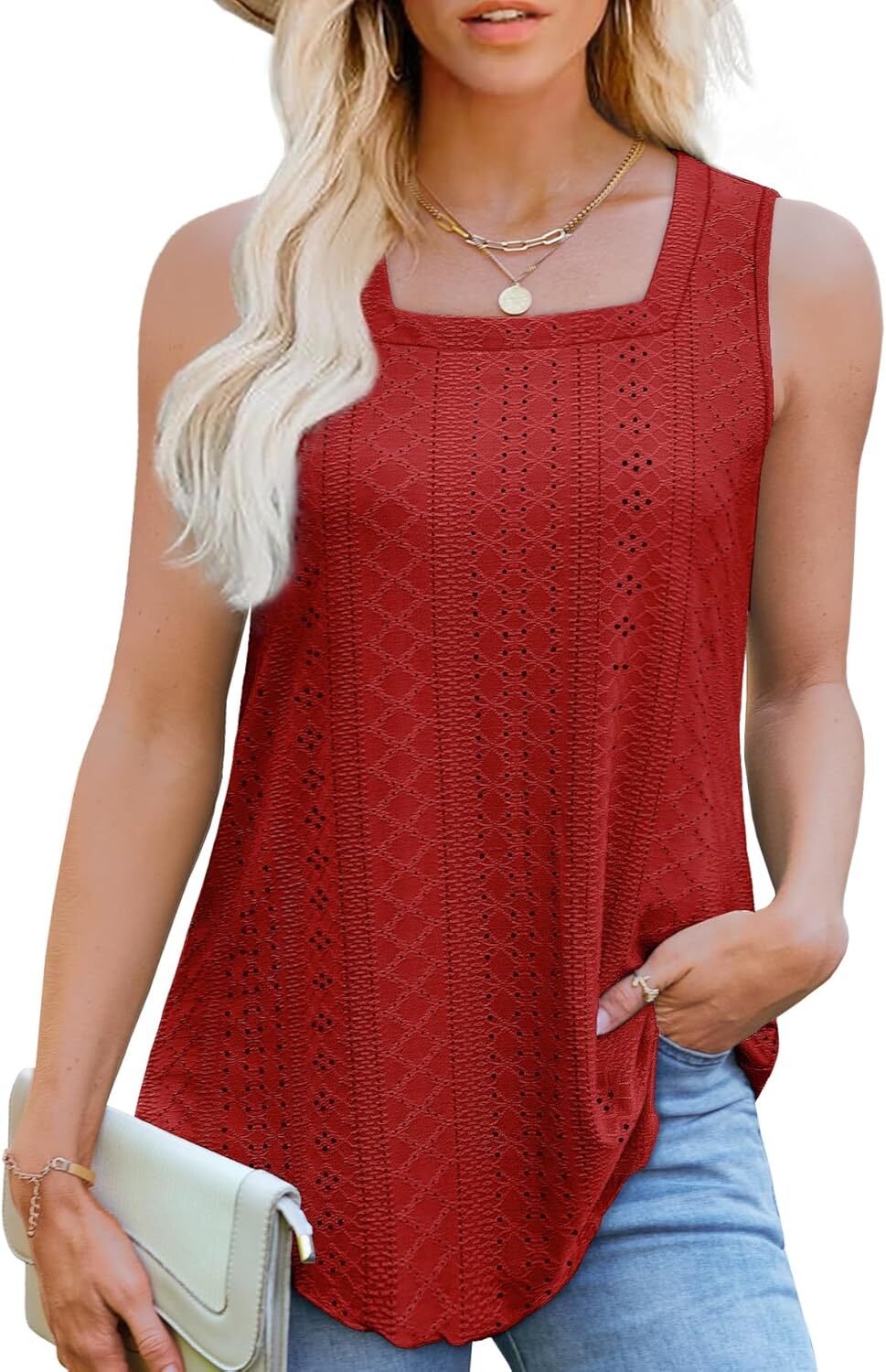 Womens Square Neck Tank Top Sleeveless Loose Fit Casual Summer Beach Vacation