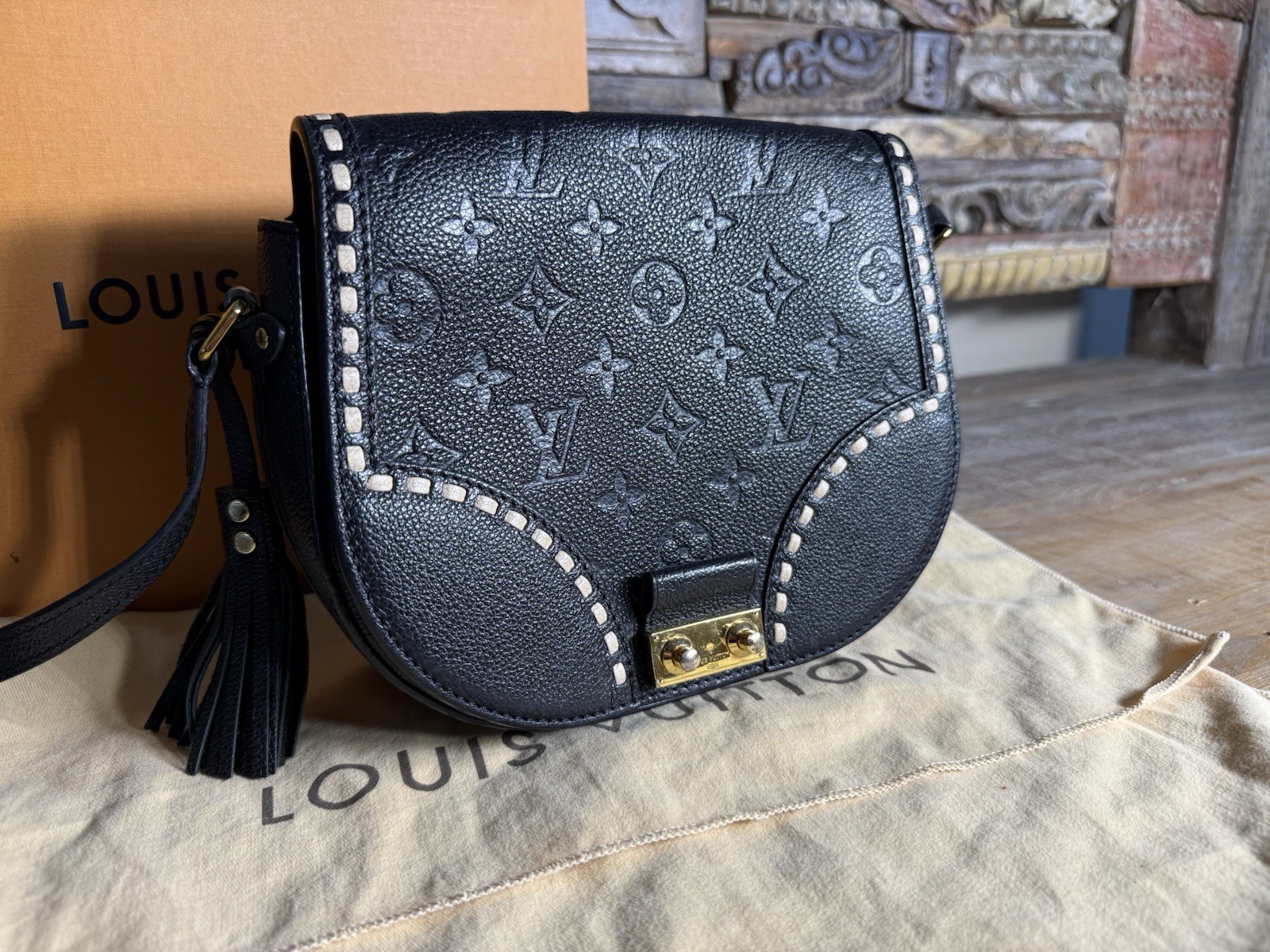 Louis Vuitton Black Monogram Embossed Crossbody Small Gold Hardware w/ Dust Bag