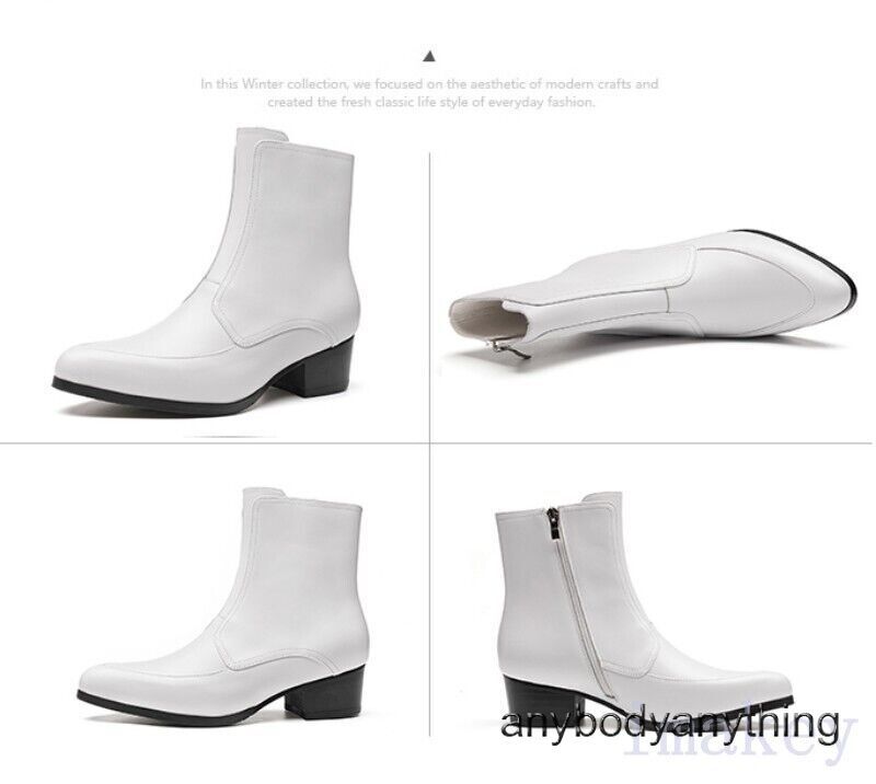 Men’s Pointed Leather Mid Heel Ankle Short White Formal Chelsea Boots 44-