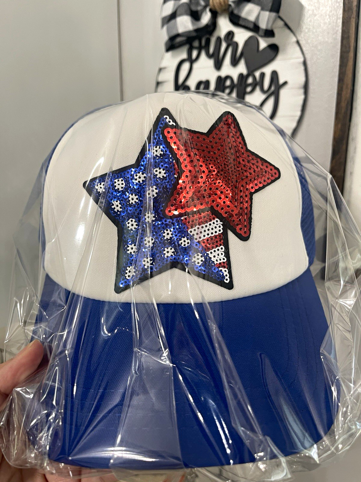 Blue White Red Sequin Star Patriotic Trucker Hat Mesh Back Adjustable One