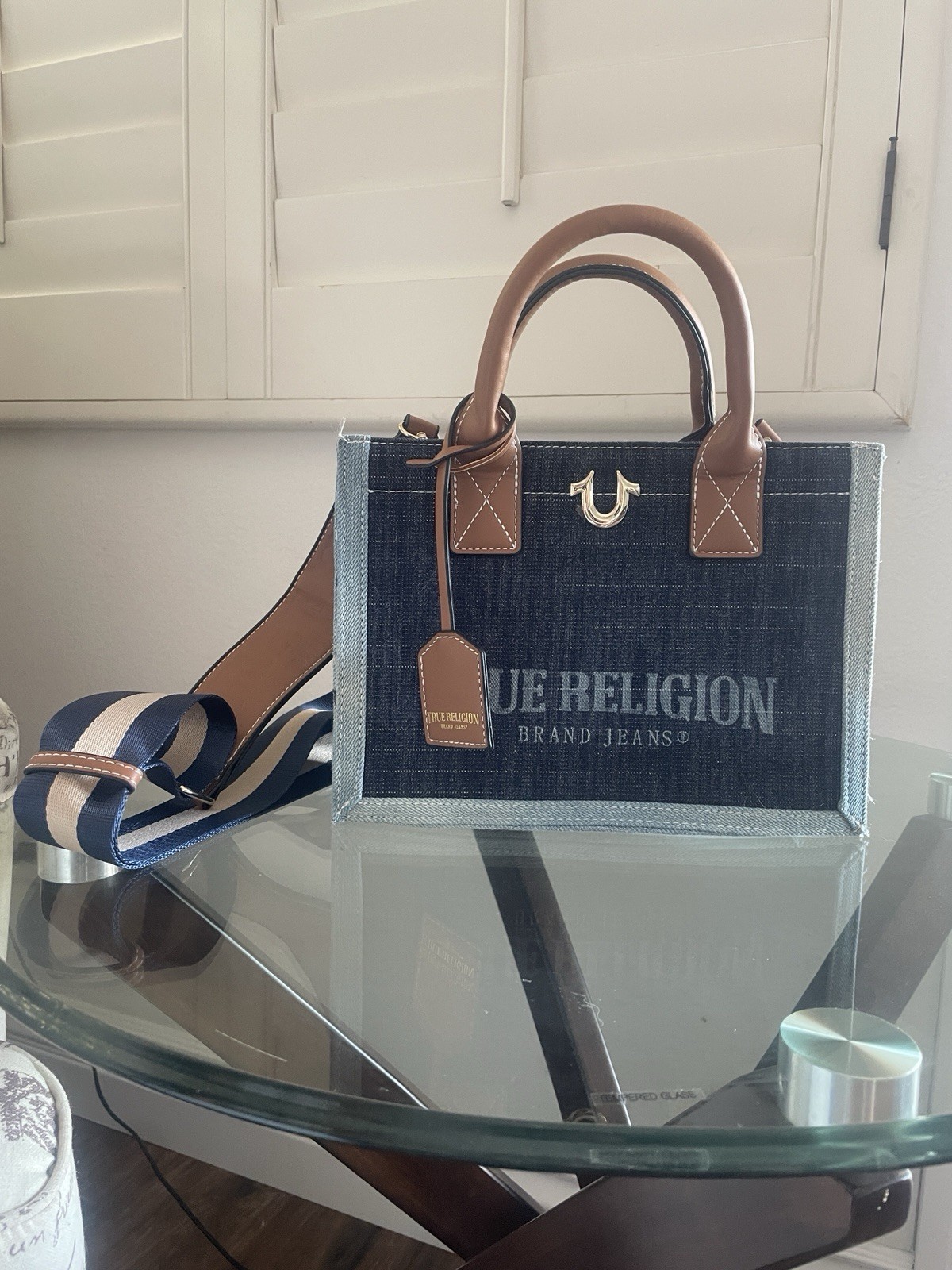 True Religion Logo Satchel Top Handle Bag Zip Detachable Crossbody Strap Gold