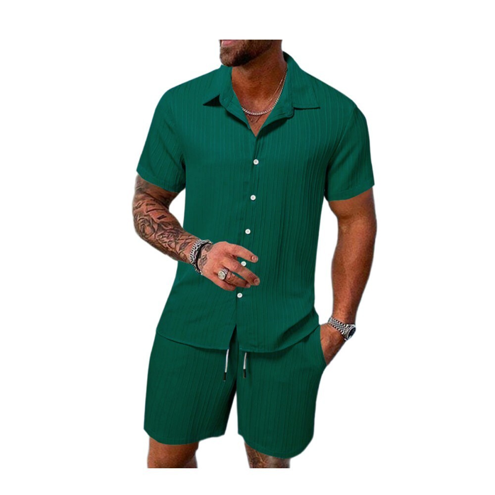 2026 Men 2 Set Short Sleeve Button Shirt Shorts Suit Tops+Shorts T Shirts Casual