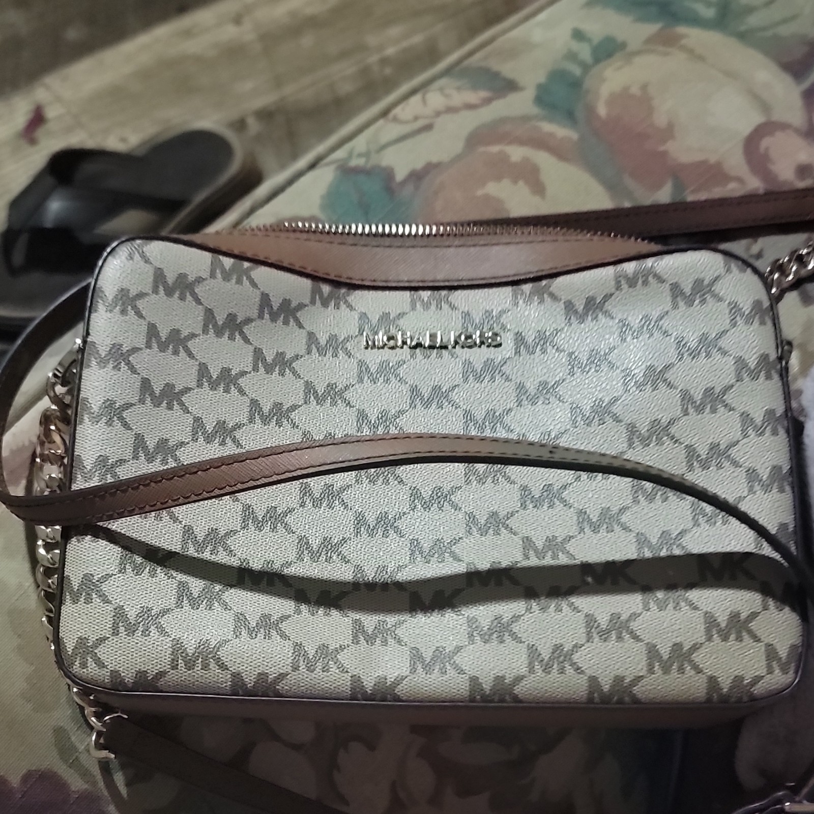 Michael Kors Jet Set Travel Monogram Small Crossbody Bag Beige/Brown Zip