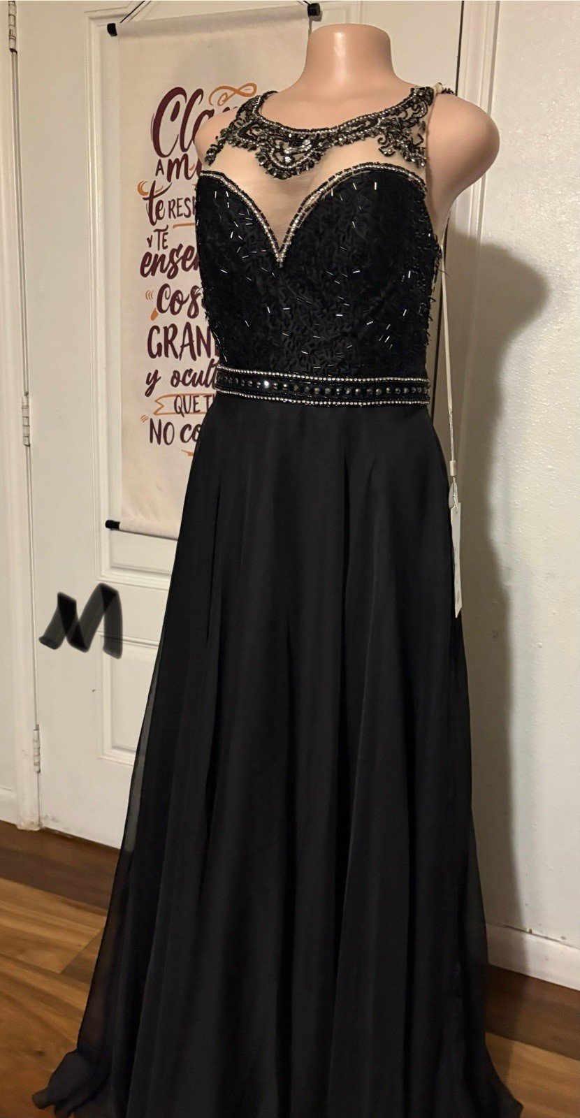 Marina Blue Lace Open Back Long Gown Floral Embroidered Round Neck L Zip