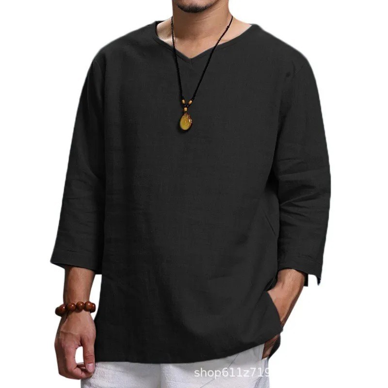 Men’s 3/4 Sleeve Casual Cotton Pullover V-Neck Loose Fit Beach Shirt