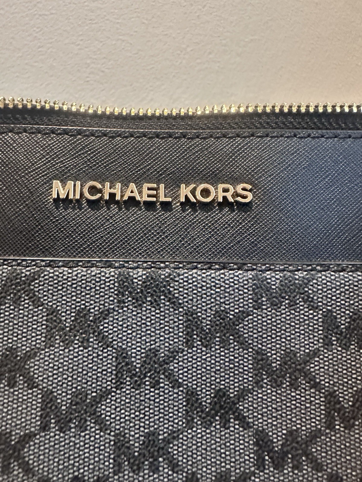 Michael Kors MK Monogram Zip Top Tote Bag Black Gray Double Handles Gold Charm