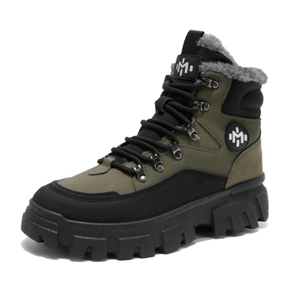 Men’s Green/Black Lace-Up Ankle Hiking Boots Round Toe Solid Pattern