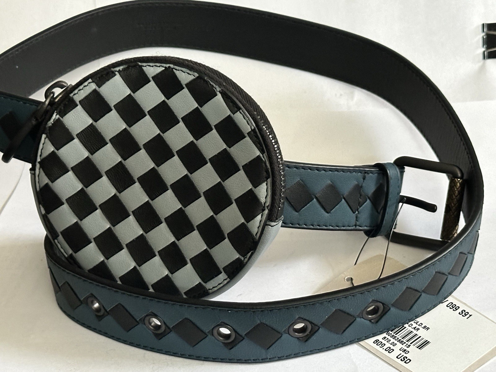BOTTEGA VENETA blue/black /gray leather belt With Small Bag 30″ $609