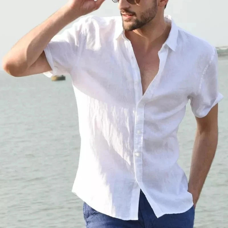 2026 NEW Men’s Summer Cotton Linen Short Sleeve Shirt Casual Solid Button-Down