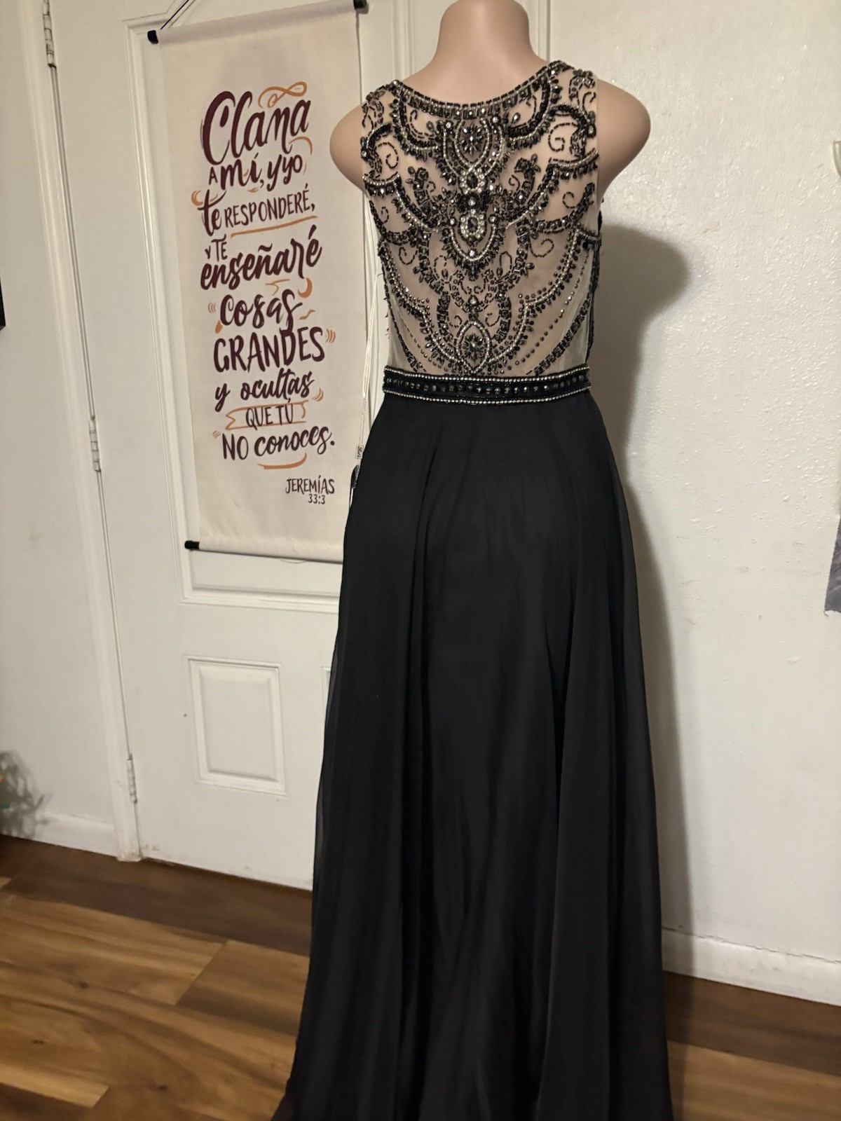 Marina Blue Lace Open Back Long Gown Floral Embroidered Round Neck L Zip