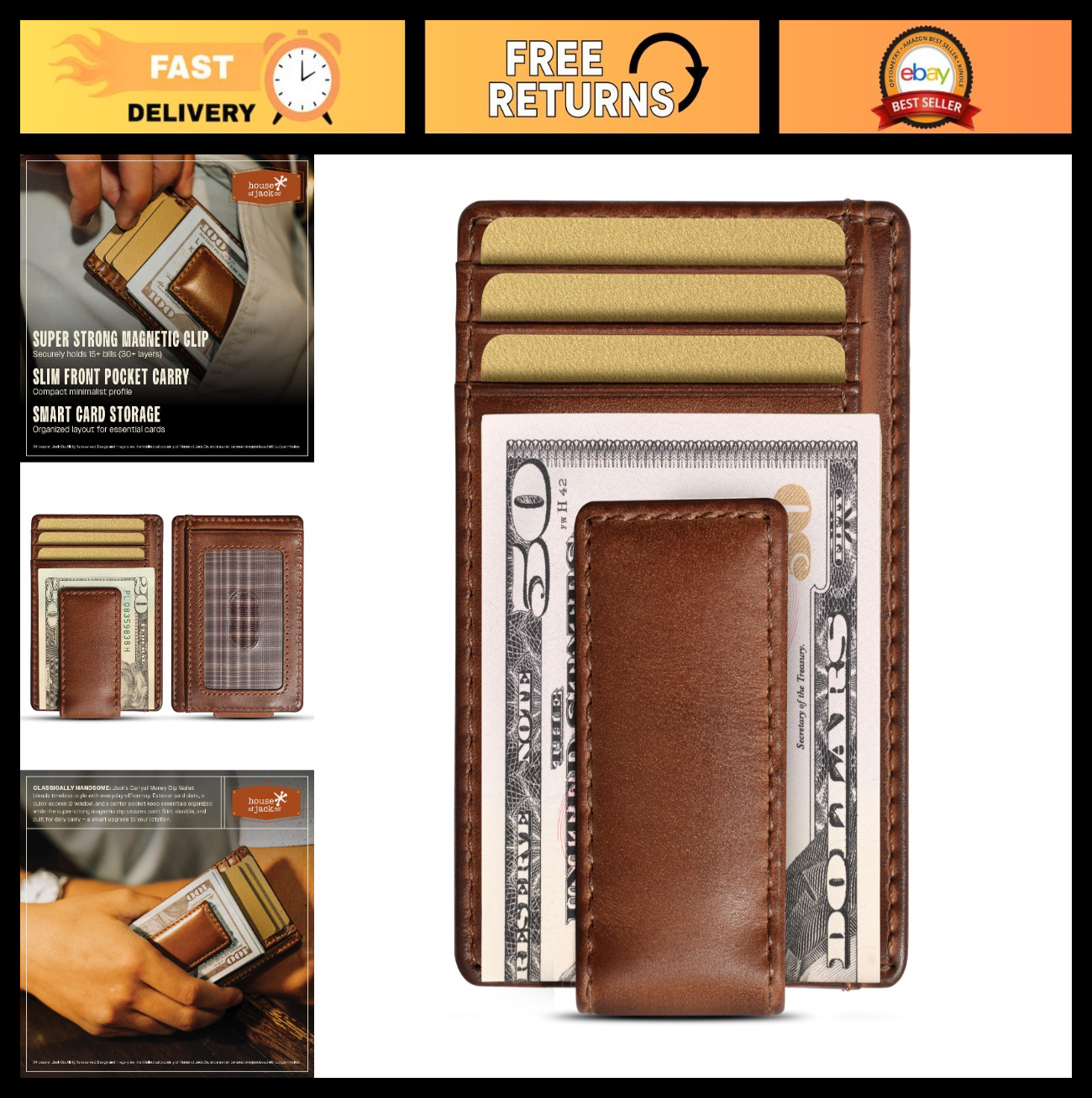 Slim Money Clip Wallet for Men, Full Grain Leather, Magnetic Clip Holds 15+ Bill