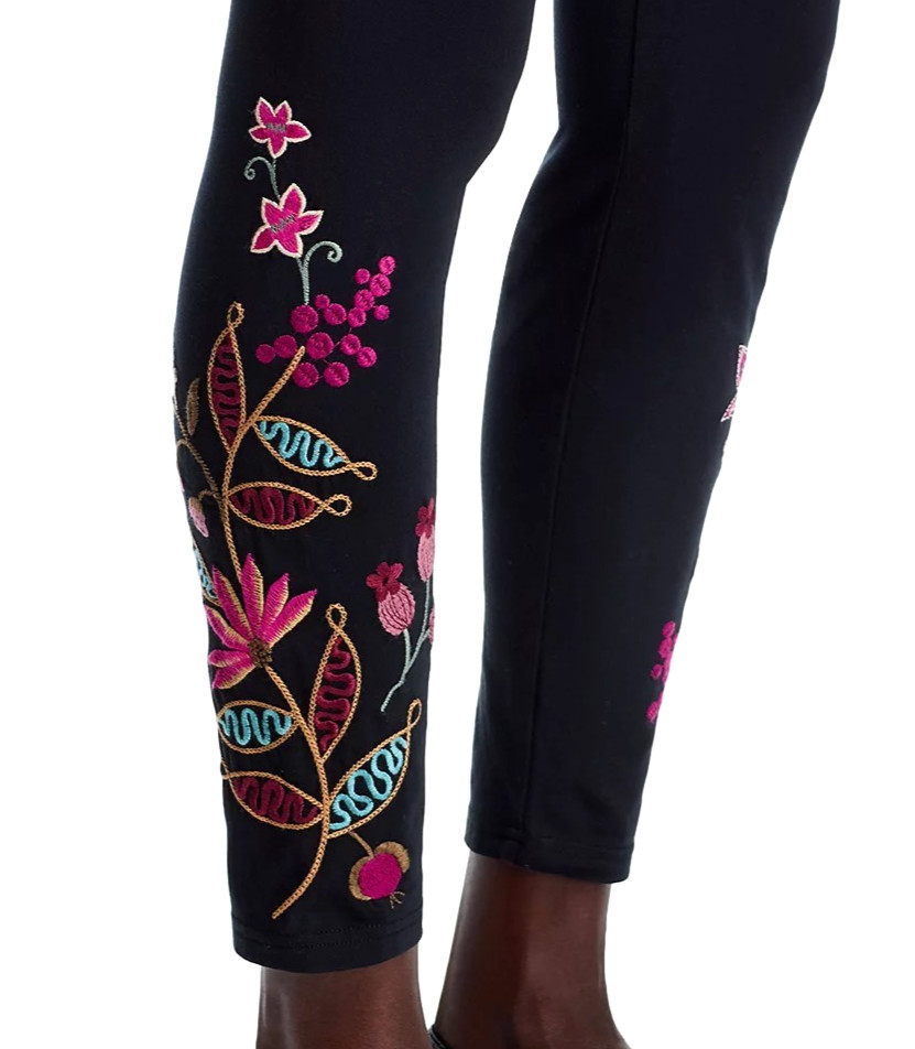 Johnny Was Penellope Floral Embroidery Stretch Cotton Leggings⭐Black L 150