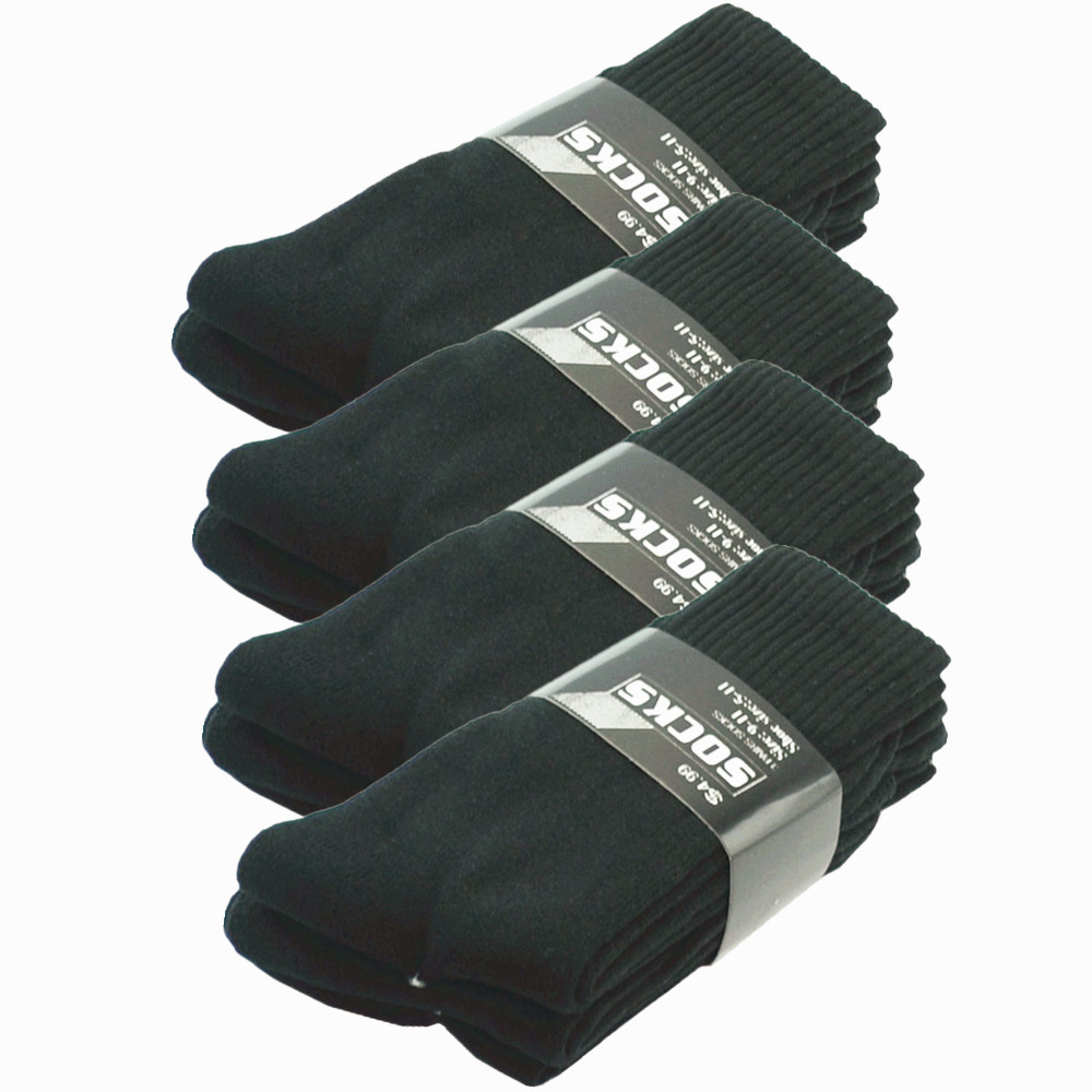 Black 3 to 12 Pairs Mens Sports Athletic Work Crew Cotton Socks Size 9-11 10-13