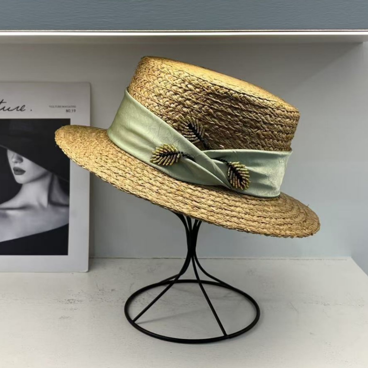 Imported raffia material hat women’s small brimmed flat top hat summer travel