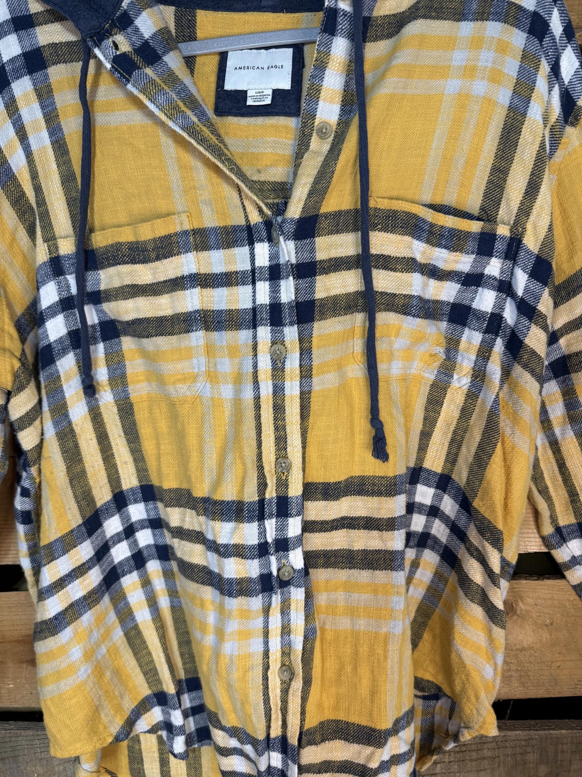 American Eagle Yellow Plaid Hooded Button-Up Shirt