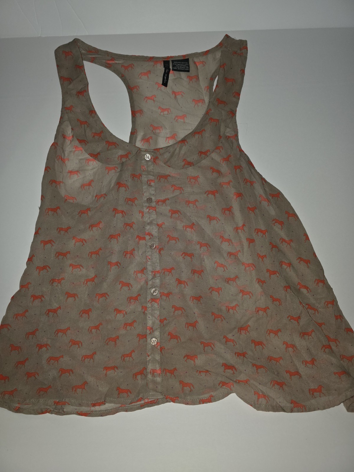 Fire Los Angeles XL Sheer Lightweight Chiffon Horse Print Button Racerback Tank