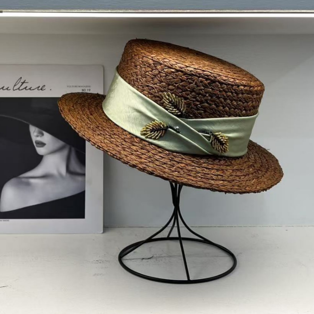 Imported raffia material hat women’s small brimmed flat top hat summer travel