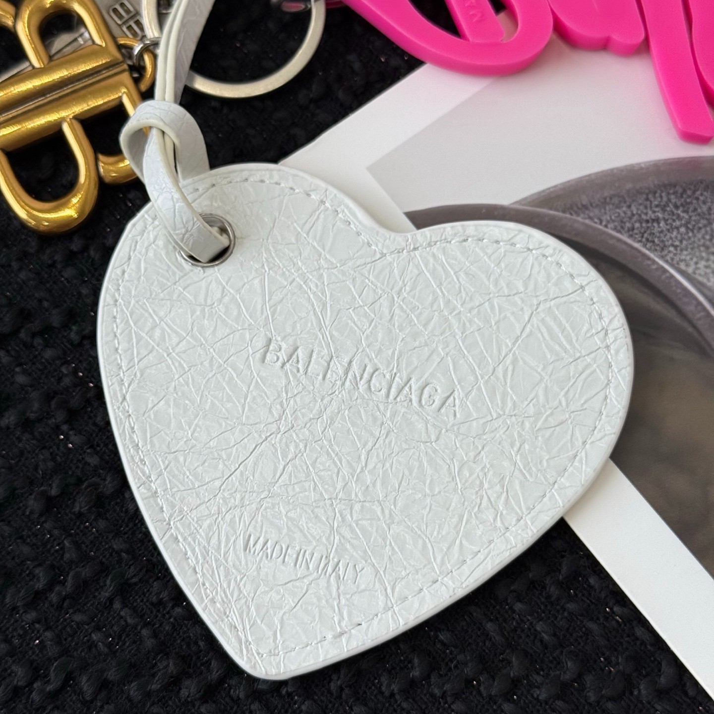 Balenciaga Multi Badge Keychain White Heart Hot Pink Script Logo Bag Charm