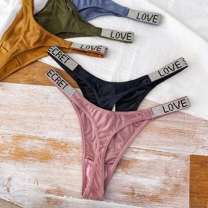 Low Waist Sexy Women Thongs Panties Rhinestones Letter Diamonds G String Sports