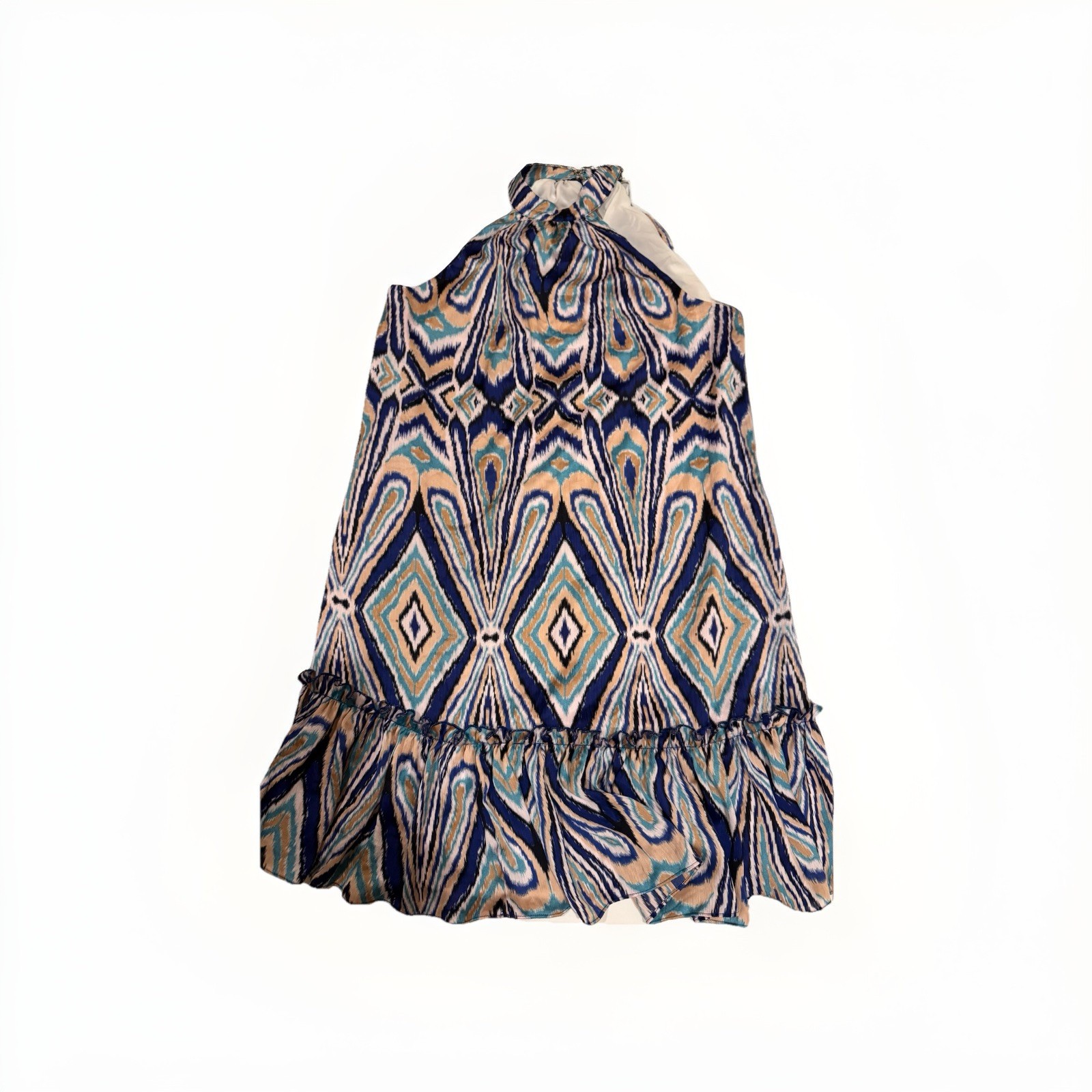 Trina Turk Blue Geometric Shift Dress Halter Neck Sleeveless Ruffle Short M