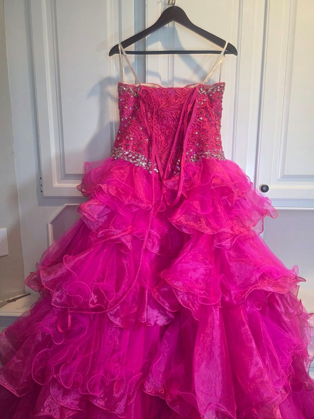 Hot Pink Beaded Ruffle Ball Gown Pageant Dress Size 4 Lace Up Corset Formal