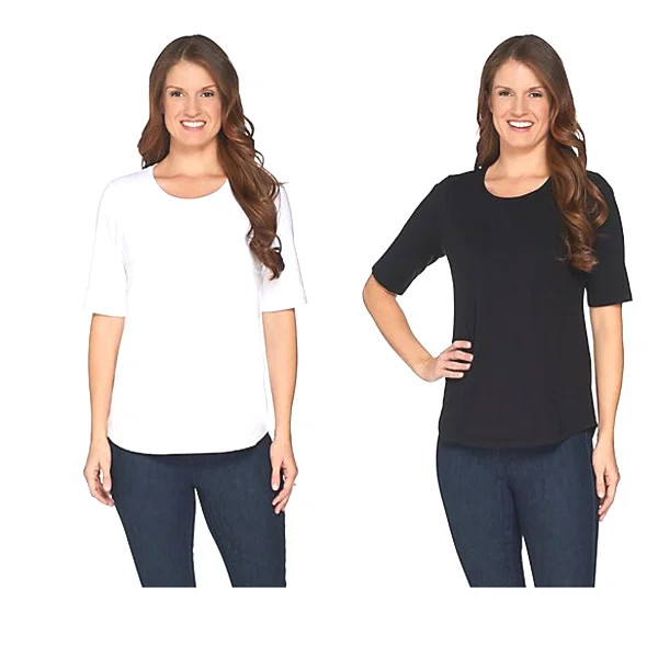 Denim & Co. 2-Pack Essentials Elbow Sleeve Knit Tops Black/White