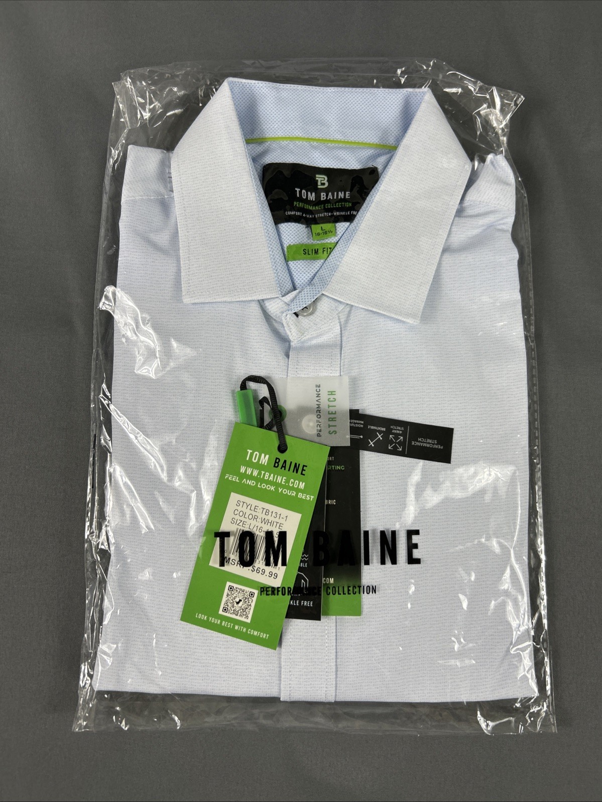 Tom Baine Dress Shirt Slim Performance Large 16-16.5 White Polyester MSRP $70