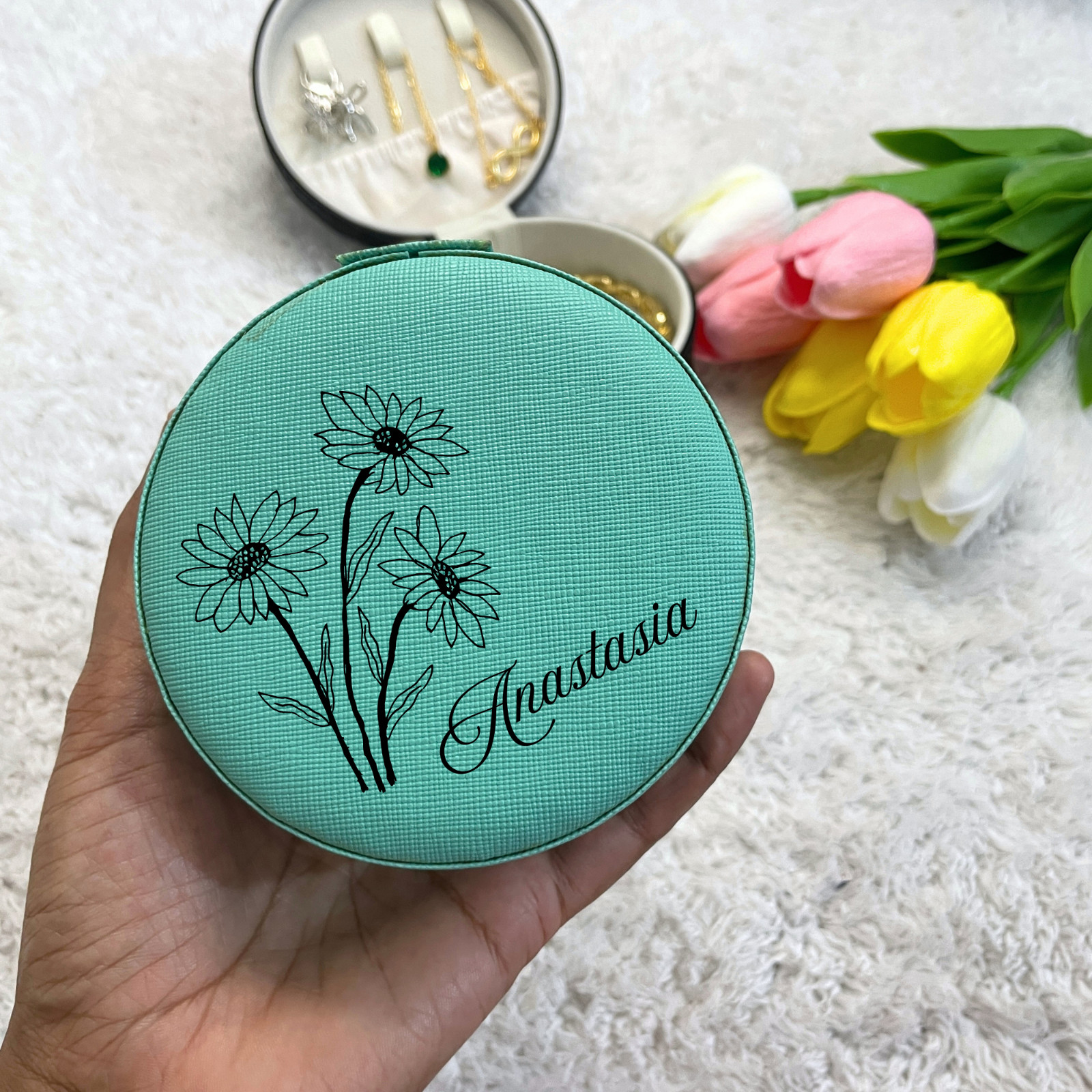 Personalized Round Jewelry Box Custom Name Birth Flower Bridesmaid Gift Case