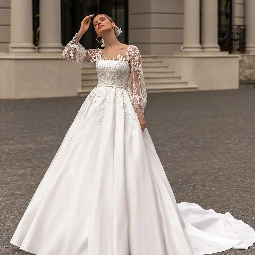White Satin Wedding Dresses Long Lace Puff Sleeve A-Line Bridal Gown With Train