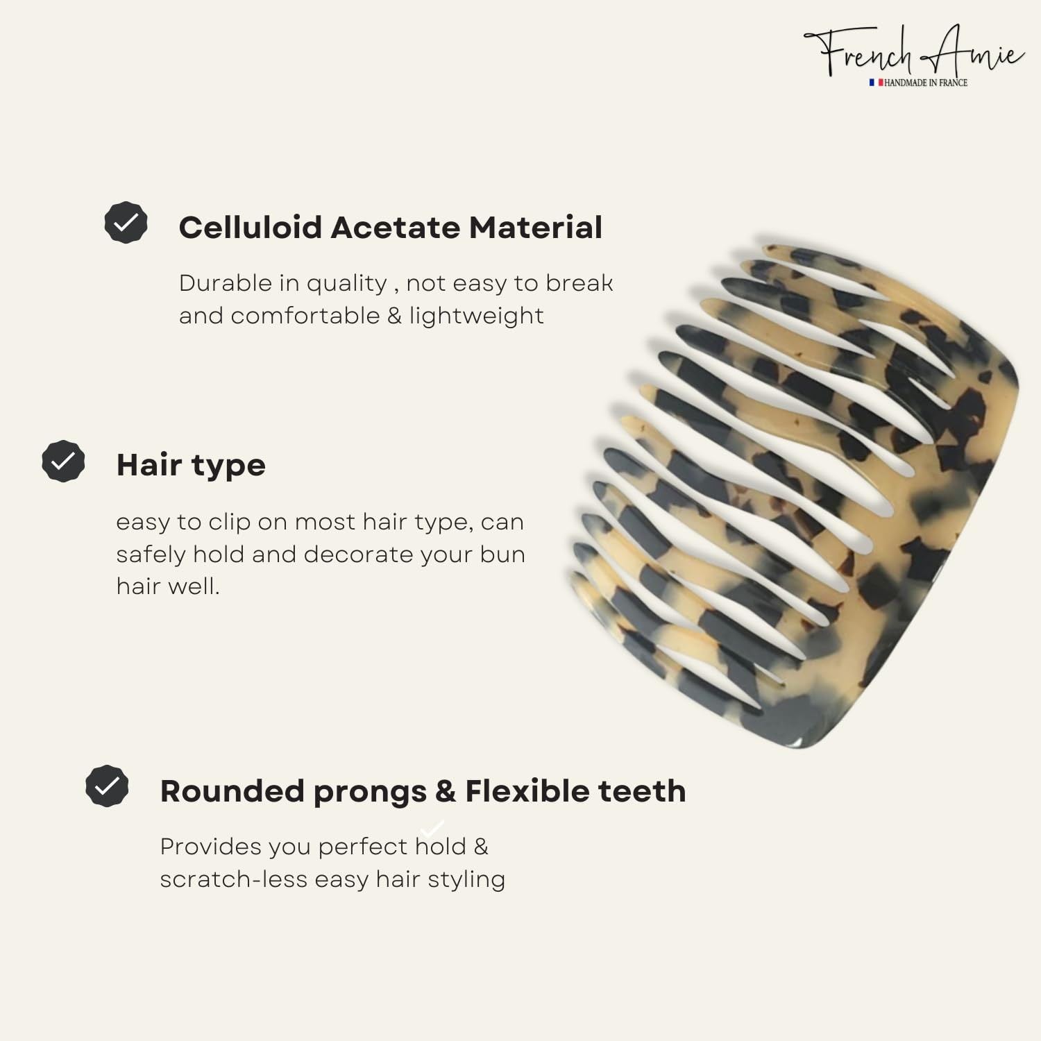 French Amie Fab 13 Teeth Medium Handmade Celluloid Side Hair Comb for Women