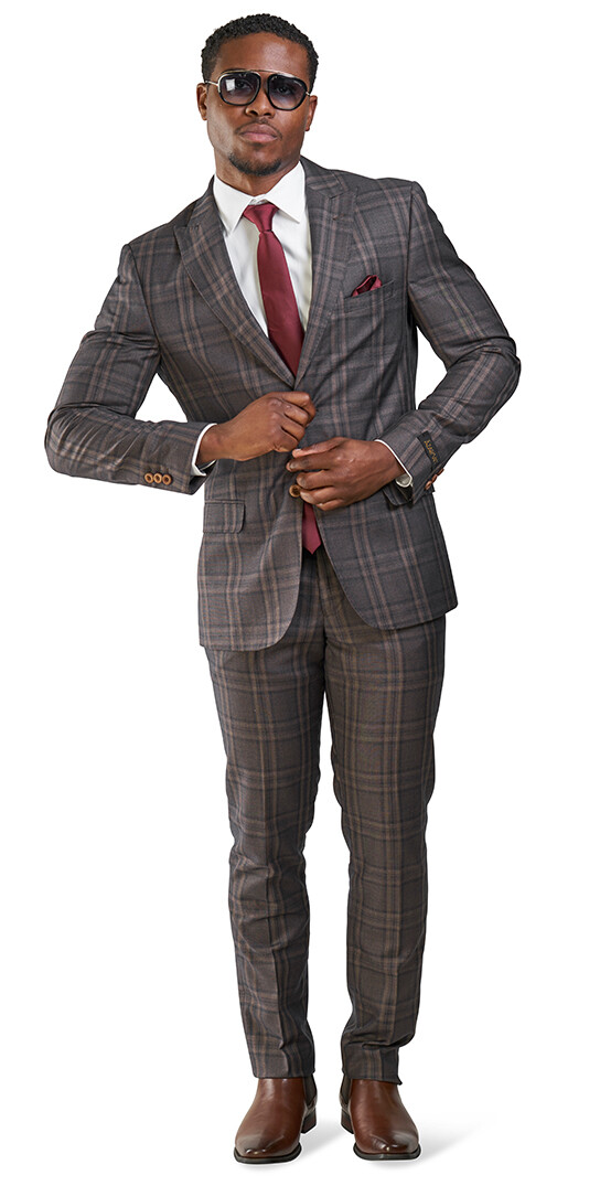 Slim Fit 2 Button Bronze Windowpane Plaid Mens Suit Peak Lapel 35071 AZARMAN
