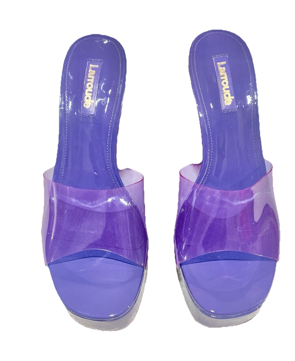 Larroude Women’s Dolly Colorblock Vinyl Mules (Lilac) Sz 7.
