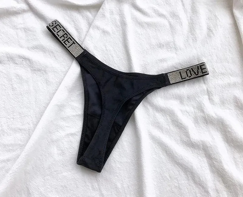 Low Waist Sexy Women Thongs Panties Rhinestones Letter Diamonds G String Sports