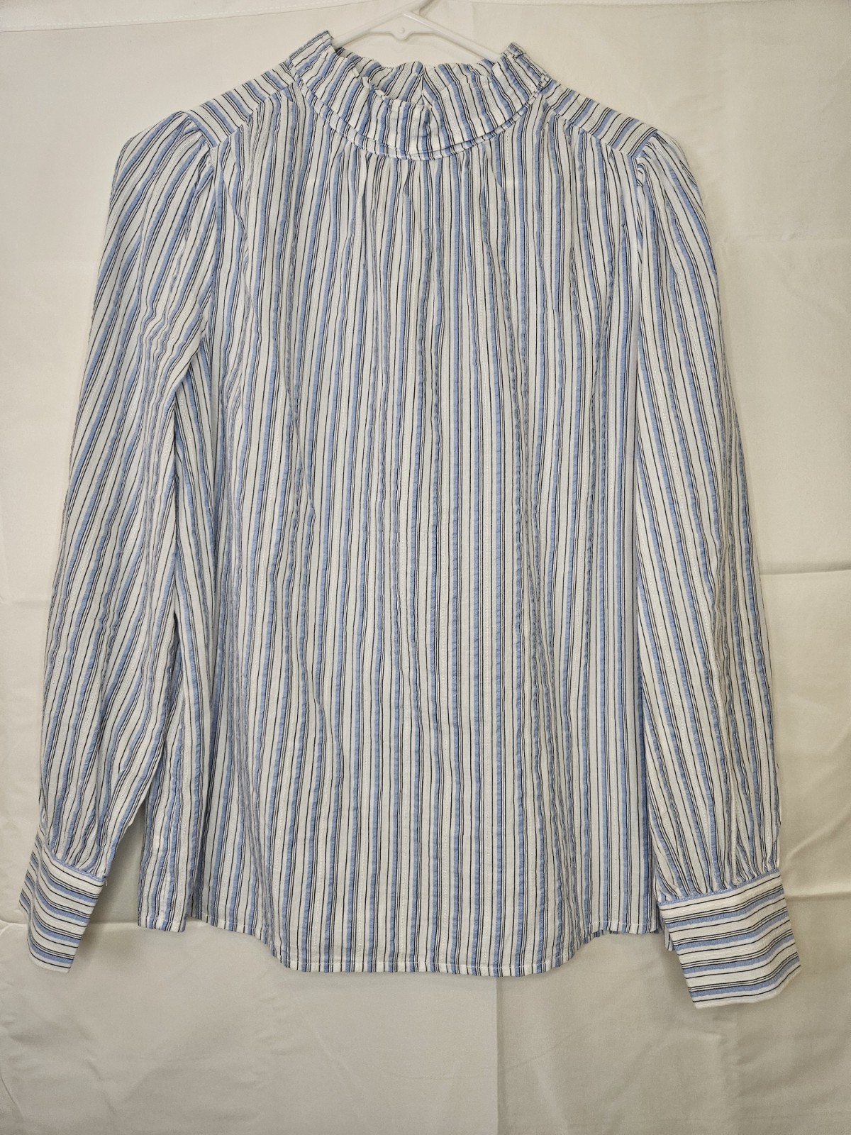 LOFT Blue & White Striped Ruffled Mock Neck Blouse