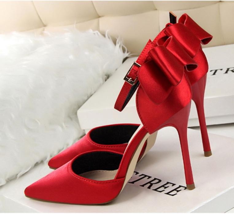 Chic Womens Faux Satin Sandals Bowknot High Heels Pointed Toe Casual Dress Shoes
