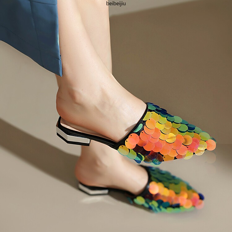Glitter Sequins Women’s Flat Slipper Pointed Toe Mules Sandals Casual 46/47/48