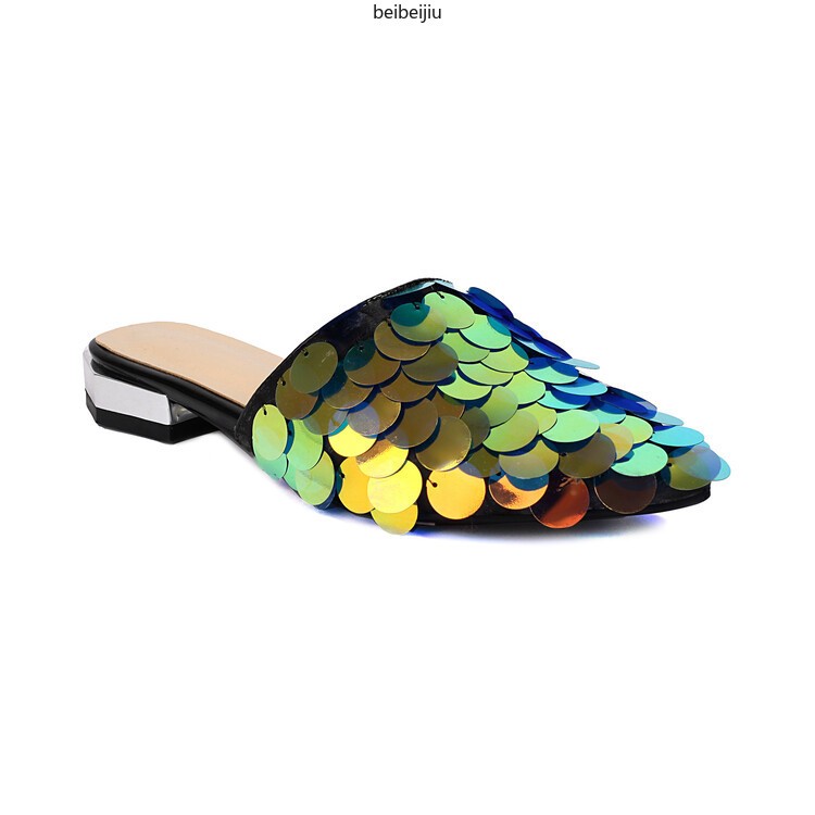 Glitter Sequins Women’s Flat Slipper Pointed Toe Mules Sandals Casual 46/47/48