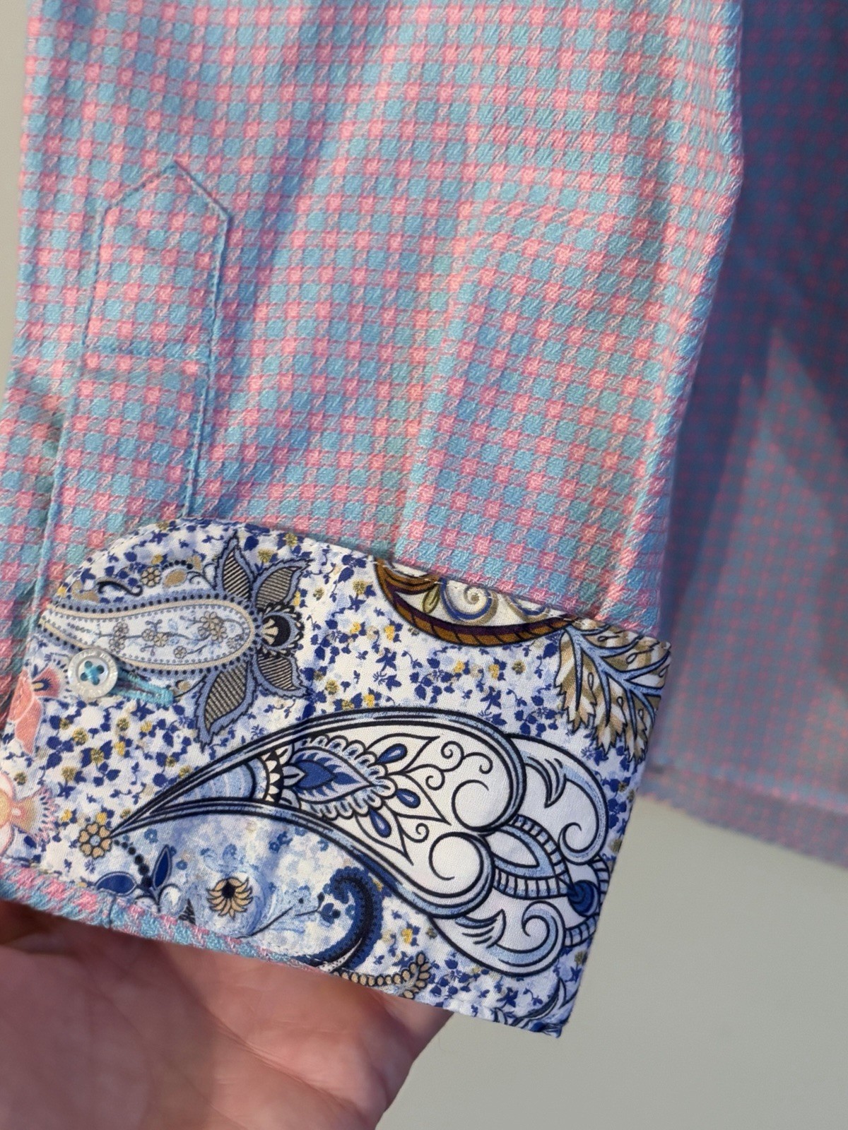 Hammer Made Mens Dress Shirt M 15.5 Pink Blue Check Contrast Paisley Cuffs