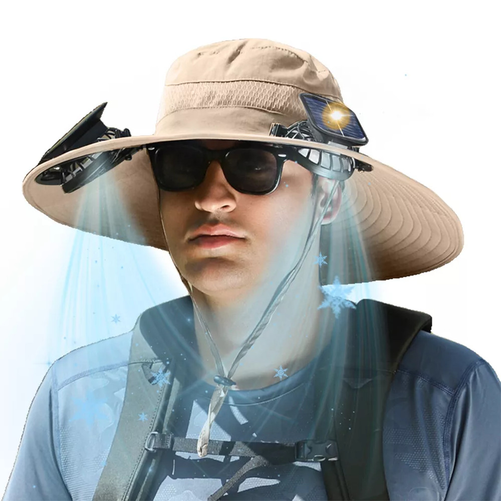 Sun Hat with Fans Solar Power USB Cooling Hats Wide Brim Fishing Camping Bucket