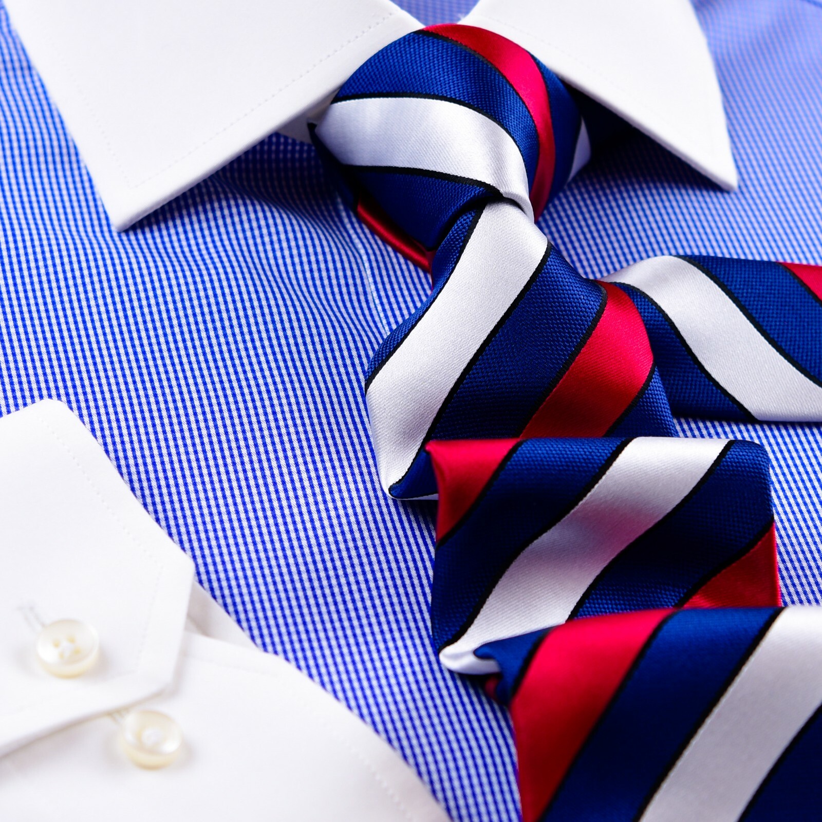 Blue Check Contrast White Dress Shirt Rich Italian Inner Lining Single Cuffs A
