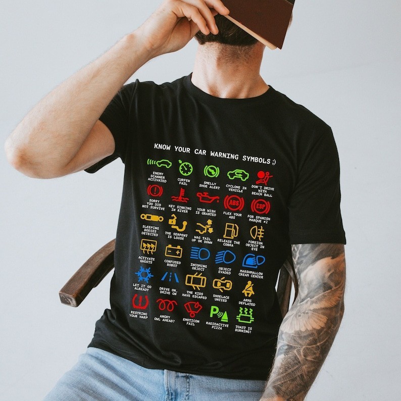 Funny Car Warning Signs Graphic Tee – Unisex Auto Mechanic T-Shirt