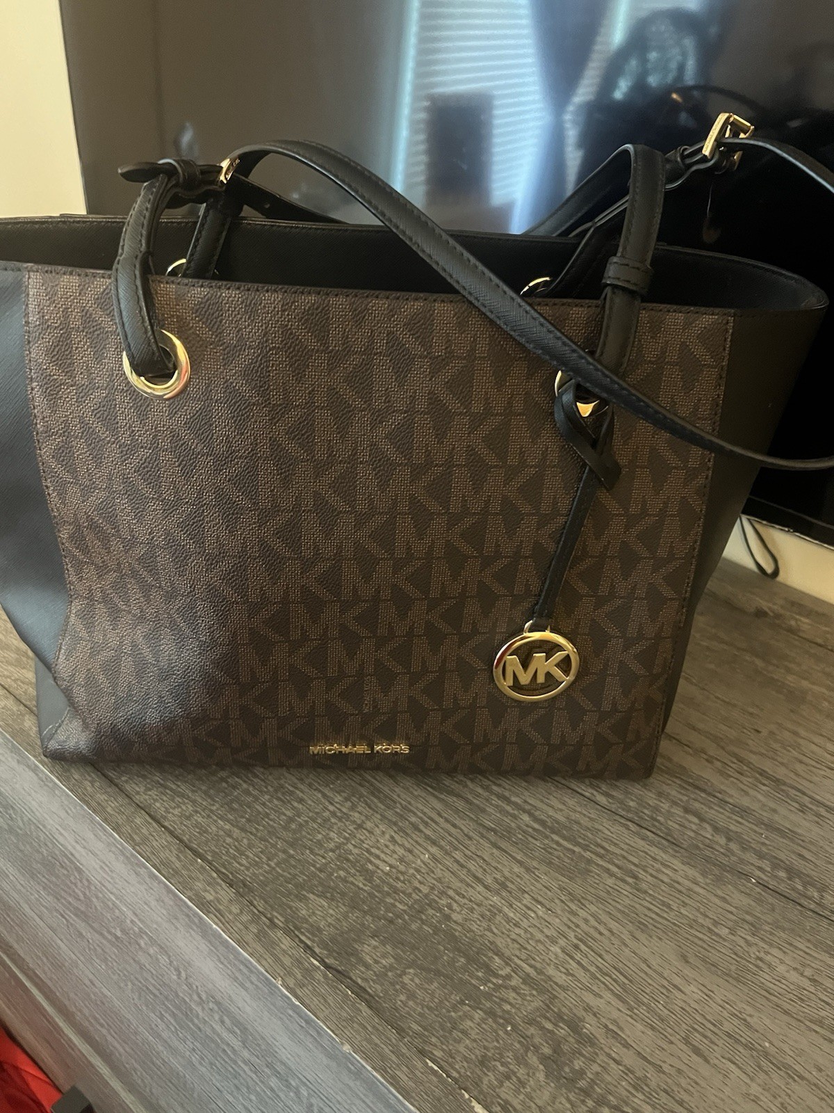 Michael Kors Monogram Zip Tote Bag Brown/Black Double Handles Gold Charm Pockets